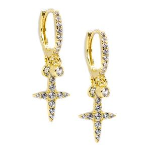 Gold Plated Iced 14K Mens Dangle Hoop Hanging Cross Drop Earrings